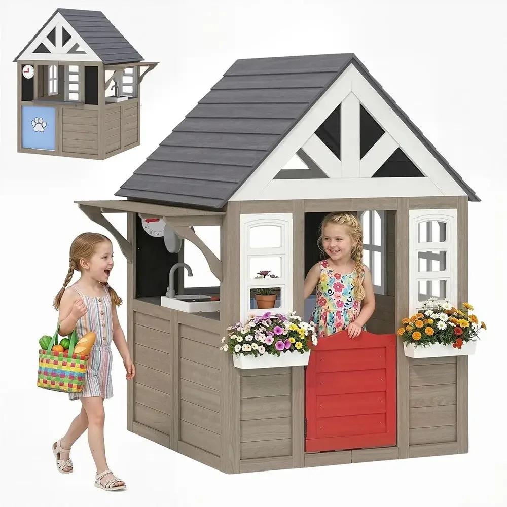 Qaba Kids Outdoor Playhouse - Qaba Outdoor Playhouse, Wooden Kids Playhouse